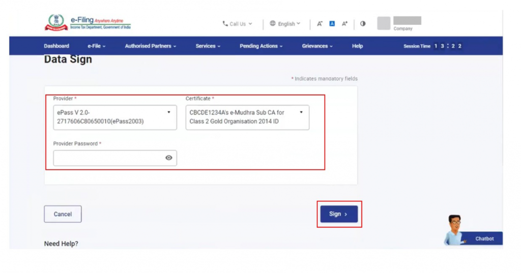 Select Provider, Certificate and enter Provider Password