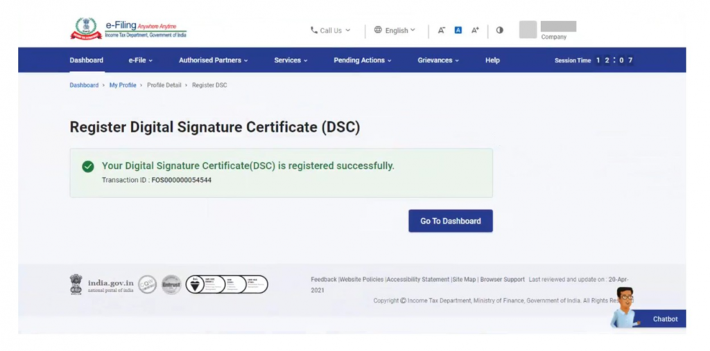 Success message displayed after successful DSC registration